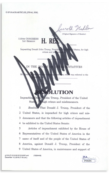Donald Trump Signed Souvenir Articles of Impeachment -- With JSA COA, Signed by Trump as President